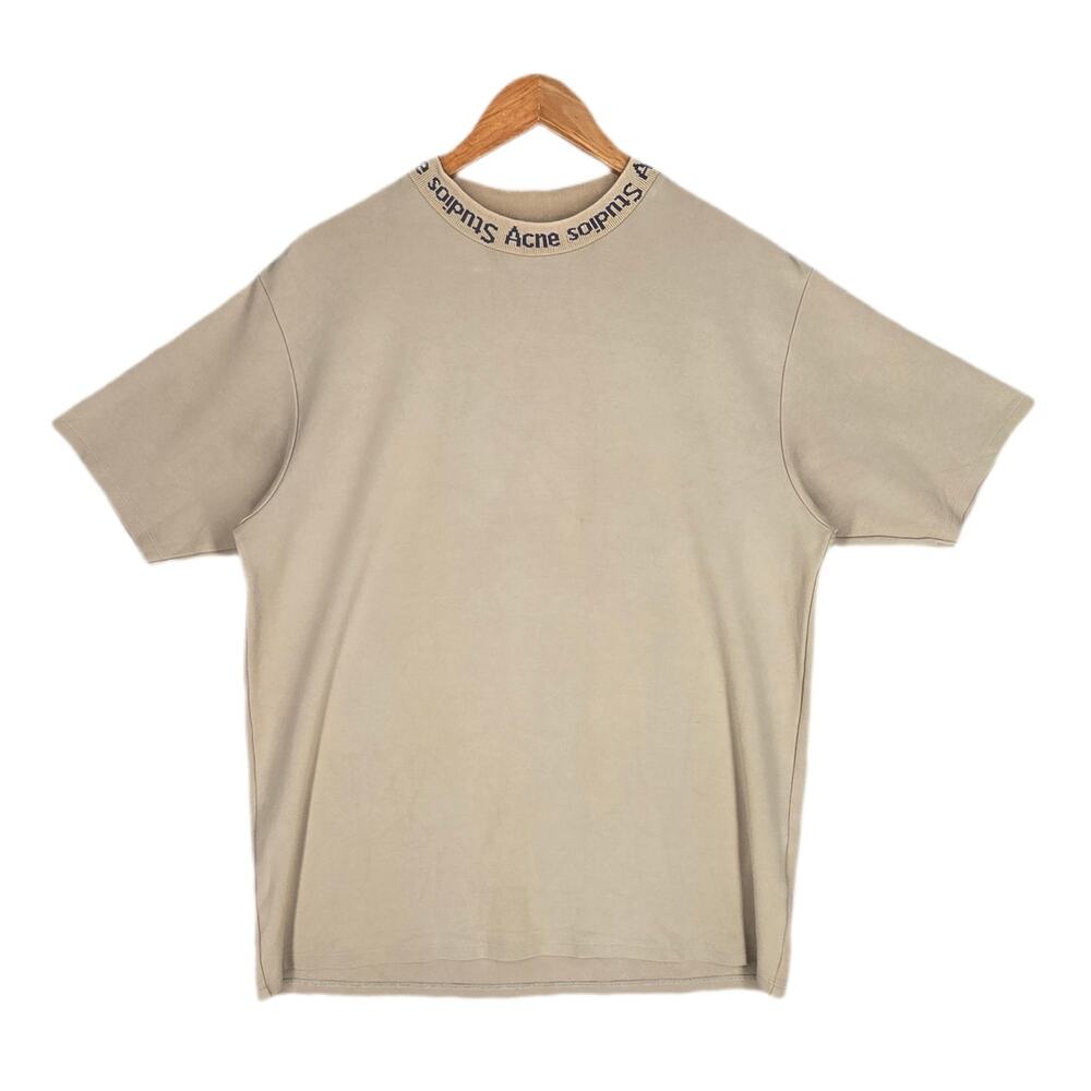 ACNE STUDIOS BEIGE NAVID LOGO NECK T‑SHIRT – SIZE LARGE – VISCOSE STRETCH BLEND